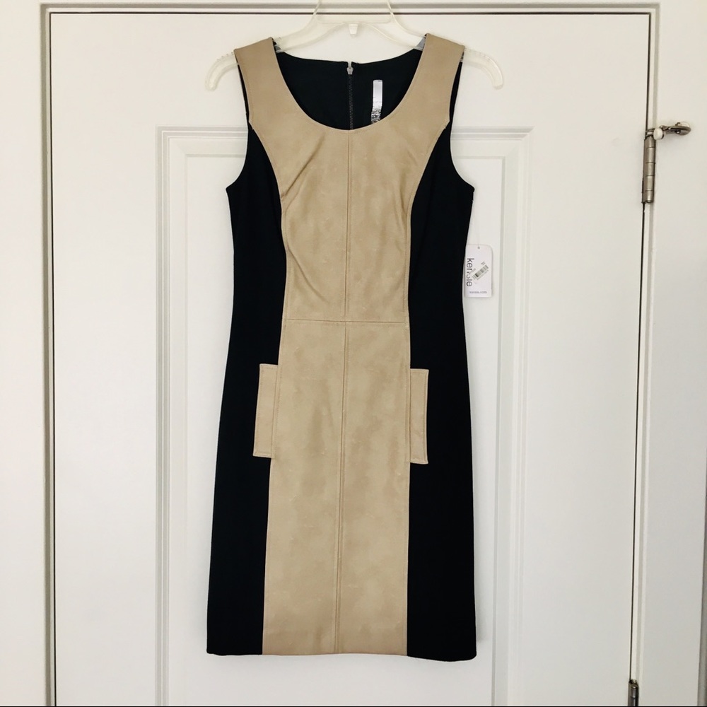 KENSIE Faux Leather Inset Tan Black Dress XS